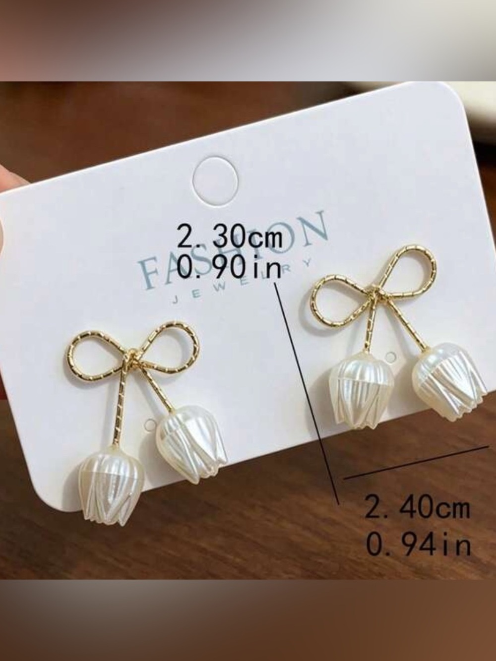 Gold and White Bow Drop Earrings - Picture 2 of 2